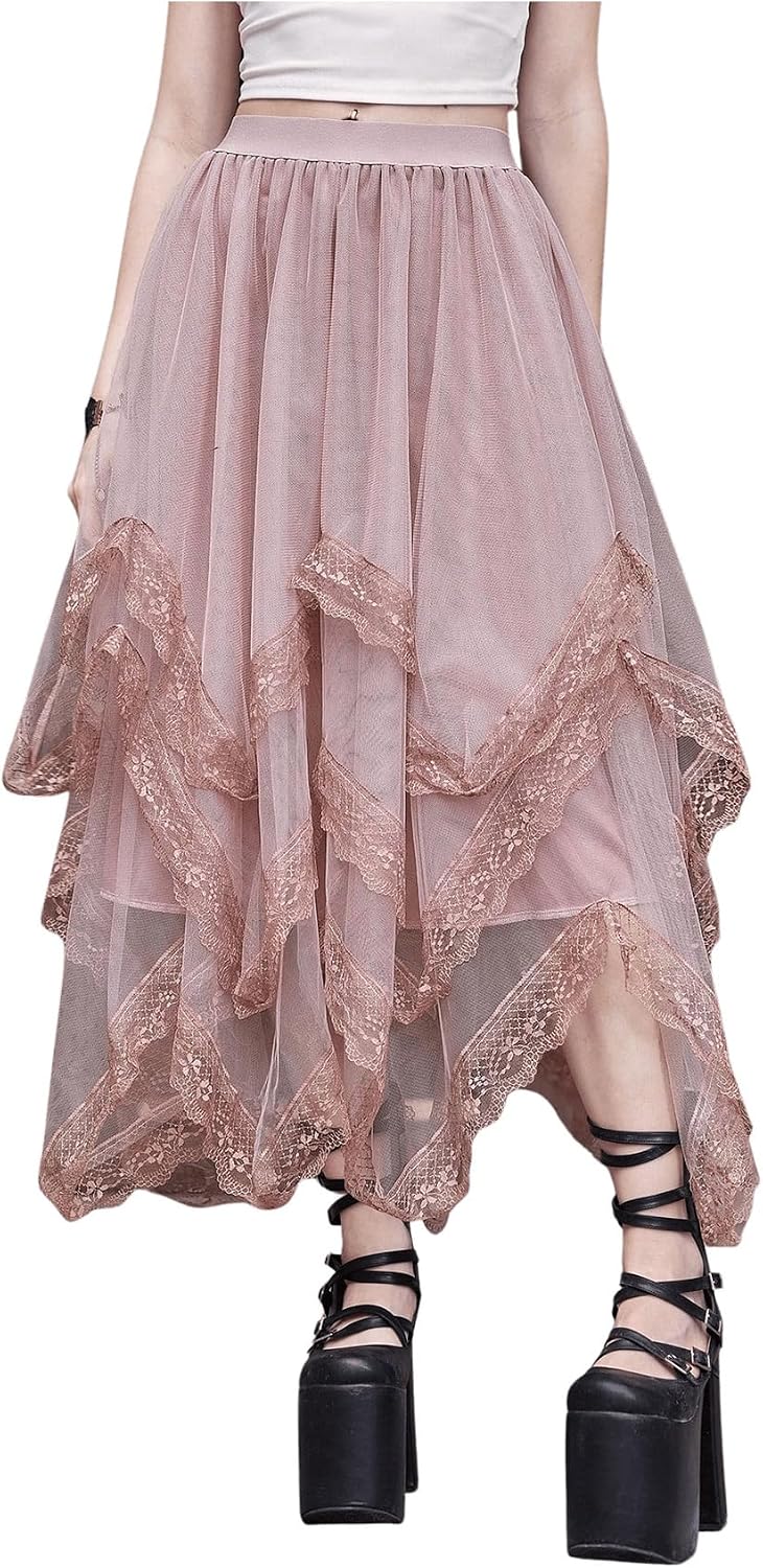SHENHE Women's Lace Trim Layered Mesh Tulle Skirt Asymmetrical Goth Skirt