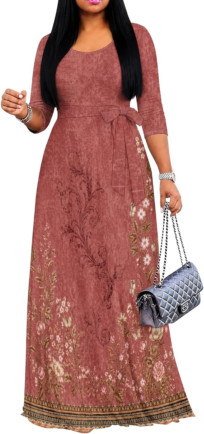PinkPatty Women's Plus Size V Neck 3/4 Sleeve Boho Maxi Dress with Pockets