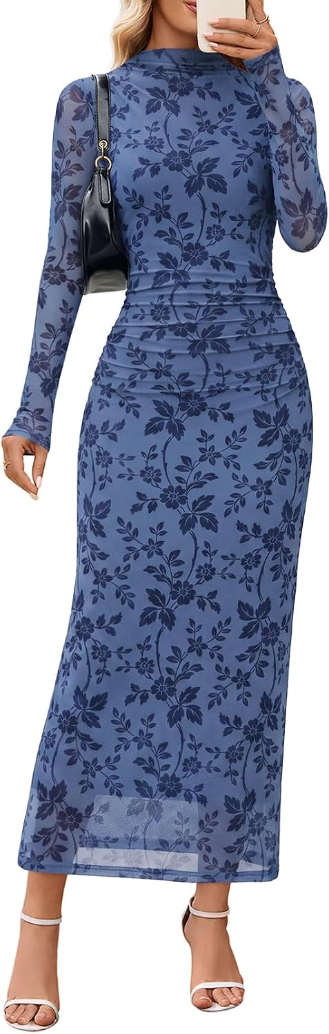 MEROKEETY Womens Fall Long Sleeve Floral Wedding Guest Maxi Dress