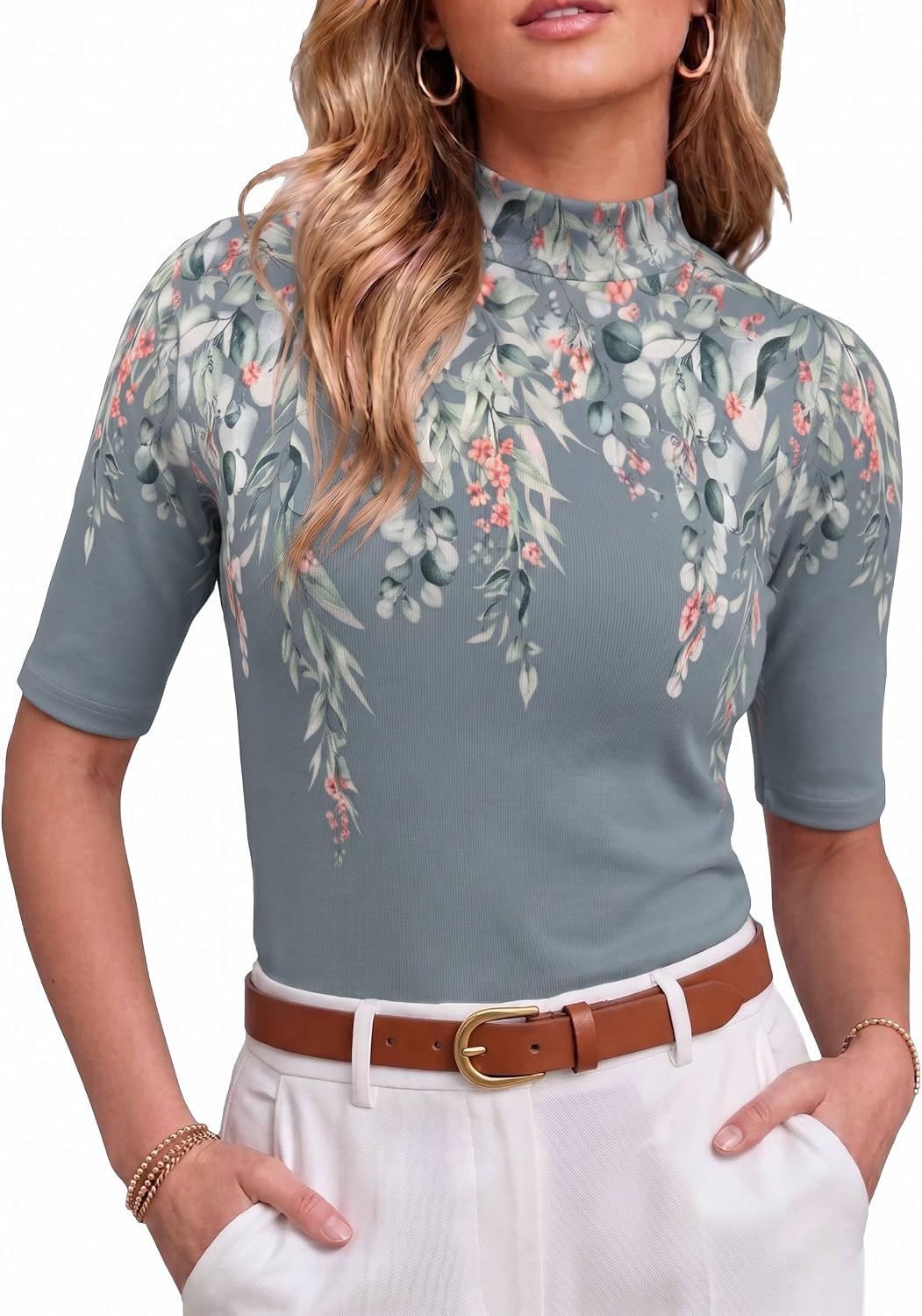 PrinStory Womens Tops Mock Neck Short Sleeve T Shirts Dressy Casual Ribbed Knit Slim Fit Summer Business Going Out Tops 2026