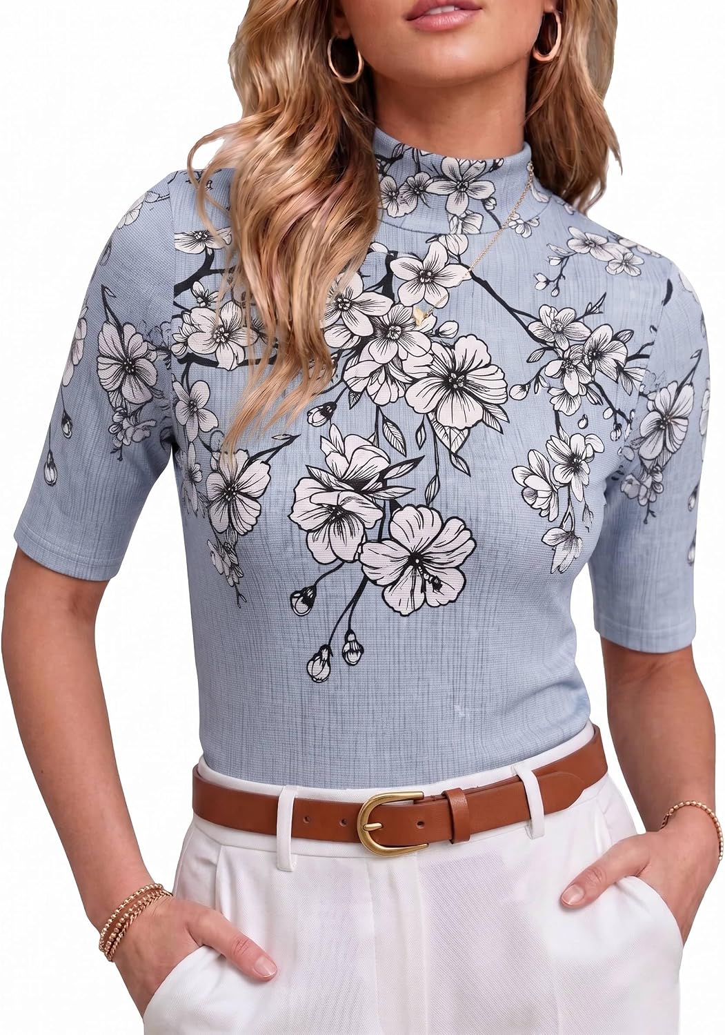 PrinStory Womens Tops Mock Neck Short Sleeve T Shirts Dressy Casual Ribbed Knit Slim Fit Summer Business Going Out Tops 2026