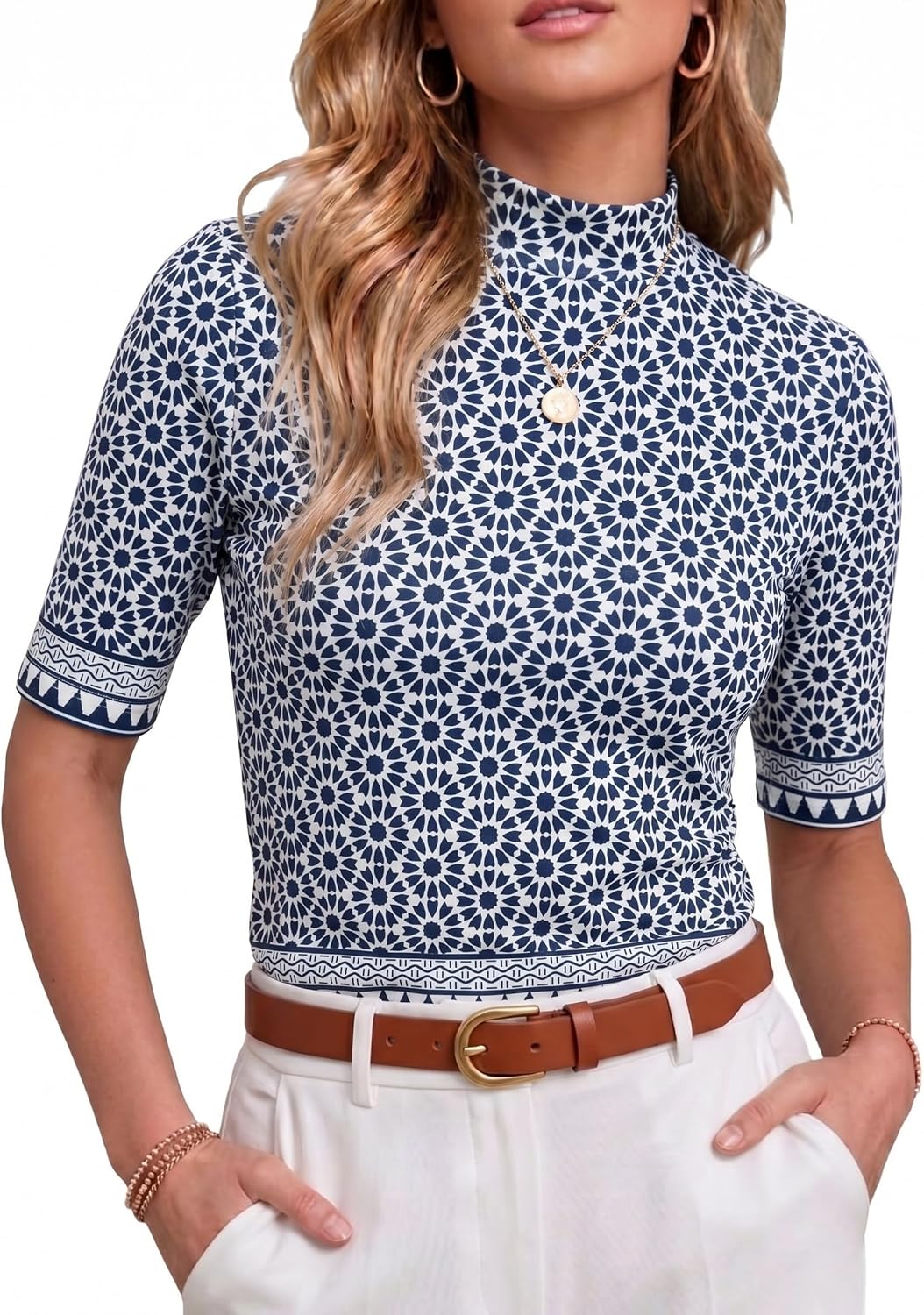 PrinStory Womens Tops Mock Neck Short Sleeve T Shirts Dressy Casual Ribbed Knit Slim Fit Summer Business Going Out Tops 2026