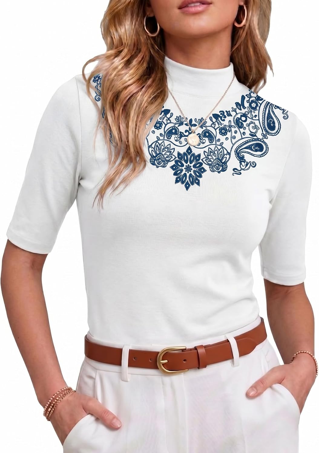 PrinStory Womens Tops Mock Neck Short Sleeve T Shirts Dressy Casual Ribbed Knit Slim Fit Summer Business Going Out Tops 2026