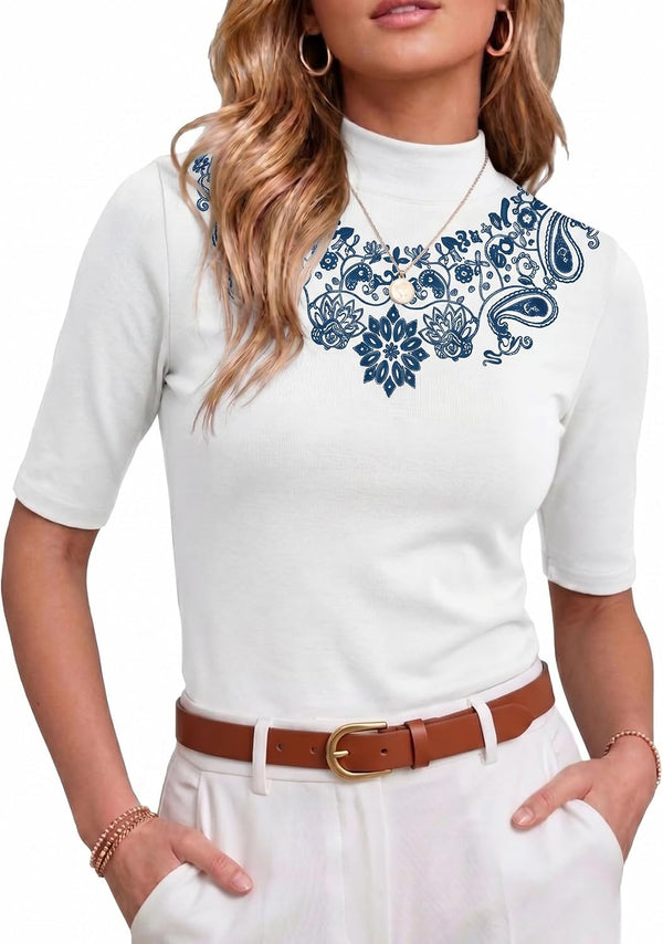 PrinStory Womens Tops Mock Neck Short Sleeve T Shirts Dressy Casual Ribbed Knit Slim Fit Summer Business Going Out Tops 2026