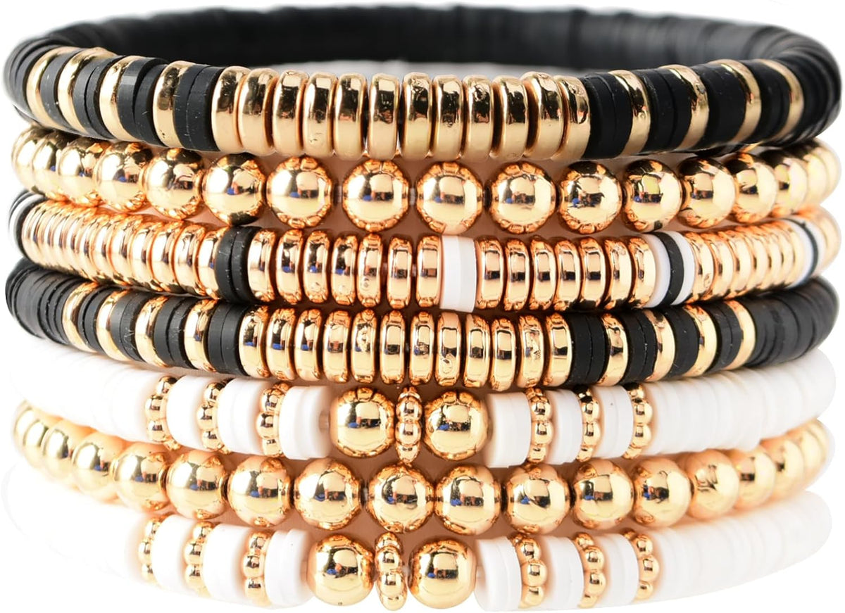 Surfer Heishi Clay Bead Bracelets for Women Bohemian Stackable Gold Plated Beaded Stretch Bracelets Elastic Layering Friendship Bracelets Set Boho Jewelry