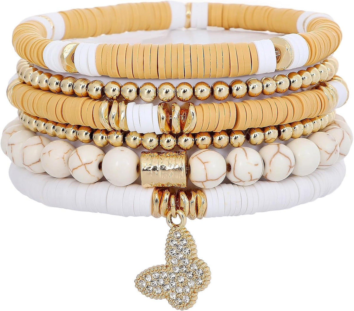 Surfer Heishi Clay Bead Bracelets for Women Bohemian Stackable Gold Plated Beaded Stretch Bracelets Elastic Layering Friendship Bracelets Set Boho Jewelry