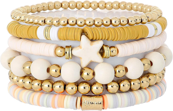Surfer Heishi Clay Bead Bracelets for Women Bohemian Stackable Gold Plated Beaded Stretch Bracelets Elastic Layering Friendship Bracelets Set Boho Jewelry