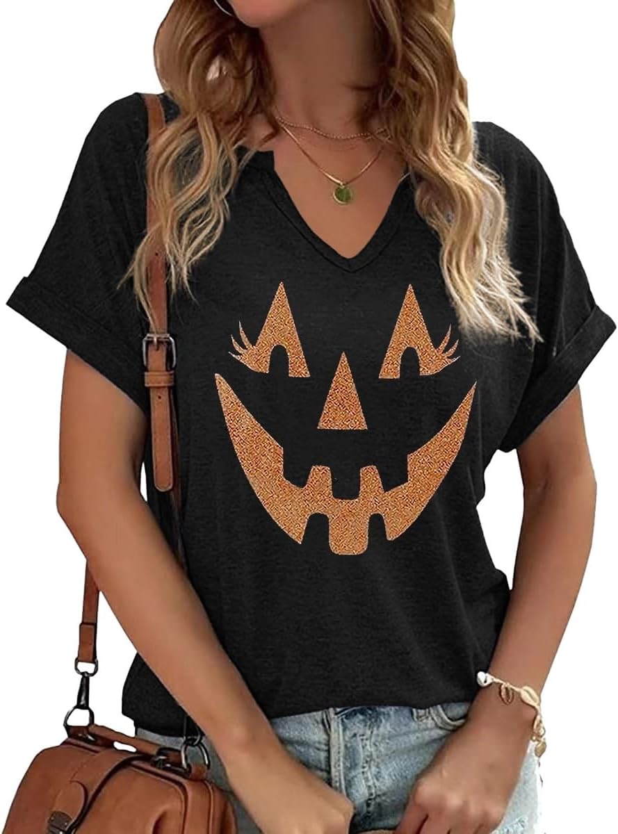 Earlymemb Women Fall Halloween Doodles V Neck Shirt Thanksgiving Casual Tee