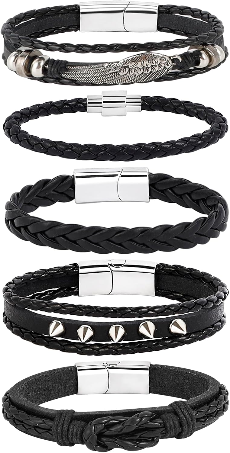 6-12PCS Braided Faux Leather Bracelet Punk Cuff Wrap Bracelets for Men Women Adjustable