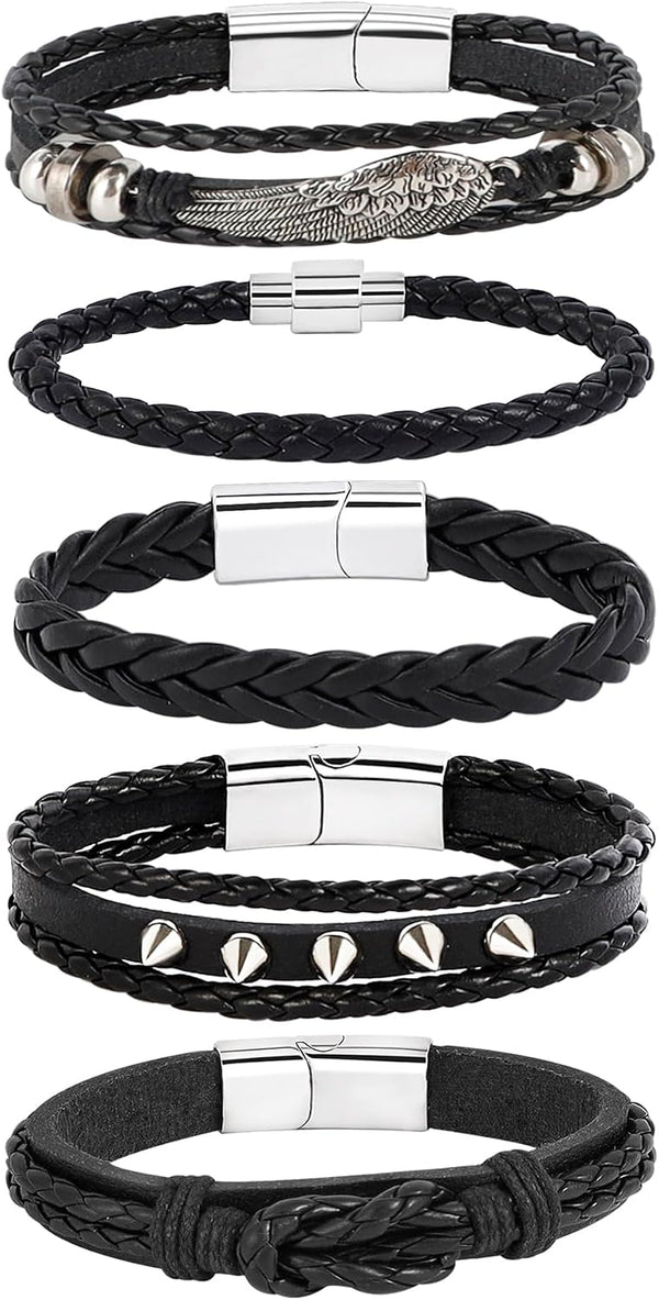 6-12PCS Braided Faux Leather Bracelet Punk Cuff Wrap Bracelets for Men Women Adjustable