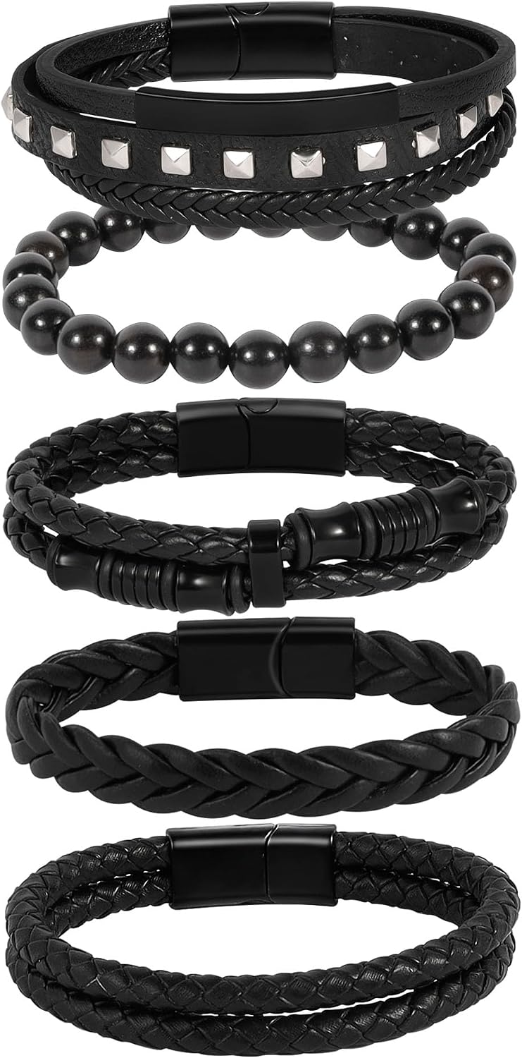 6-12PCS Braided Faux Leather Bracelet Punk Cuff Wrap Bracelets for Men Women Adjustable