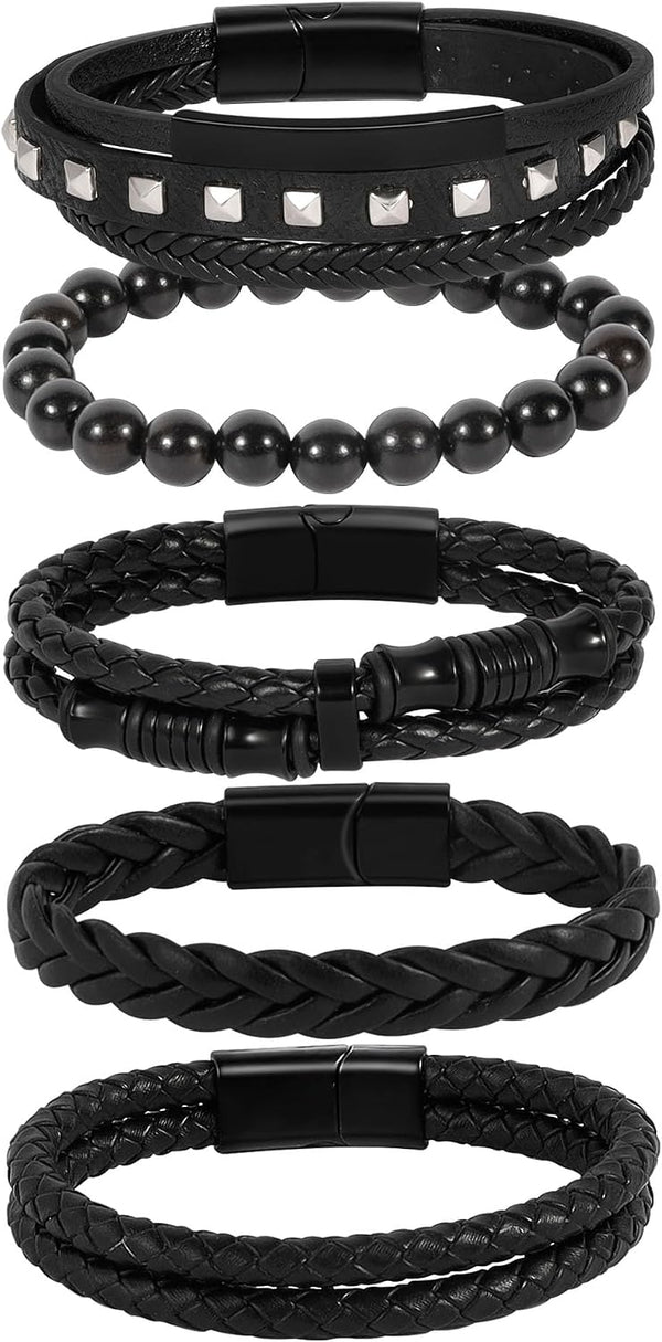 6-12PCS Braided Faux Leather Bracelet Punk Cuff Wrap Bracelets for Men Women Adjustable