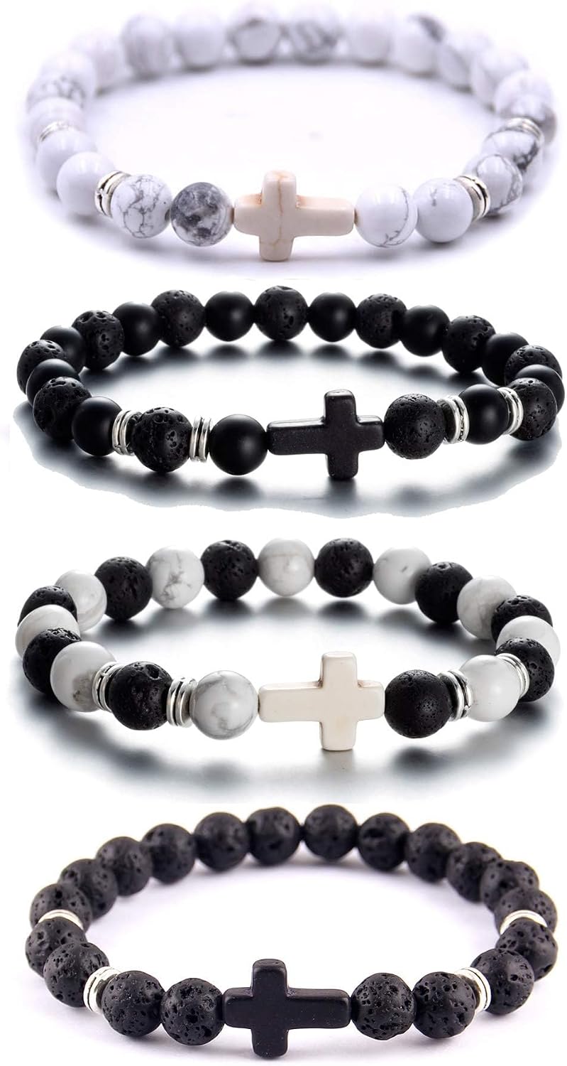 Softones 4PCS Cross Beads Bracelet for Men Women 8mm Healing Lava Stone Stretch Bracelets,7.5"