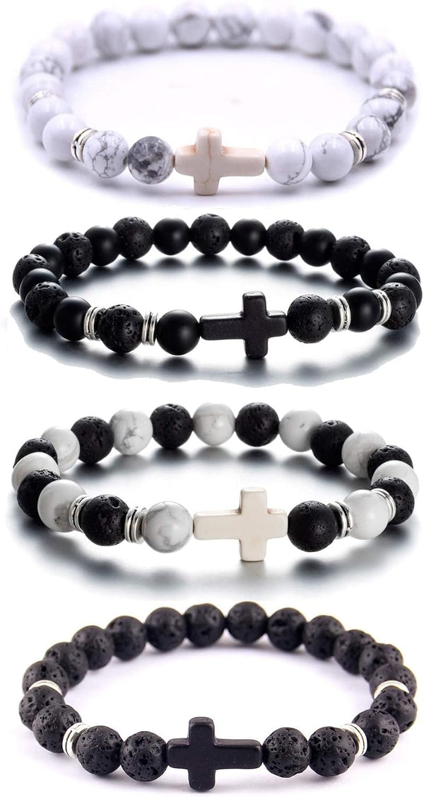 Softones 4PCS Cross Beads Bracelet for Men Women 8mm Healing Lava Stone Stretch Bracelets,7.5"