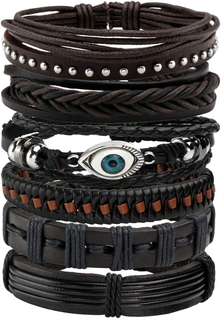 6-12PCS Braided Faux Leather Bracelet Punk Cuff Wrap Bracelets for Men Women Adjustable