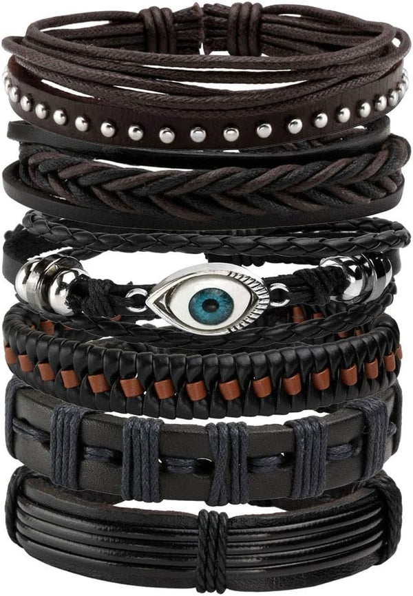 6-12PCS Braided Faux Leather Bracelet Punk Cuff Wrap Bracelets for Men Women Adjustable