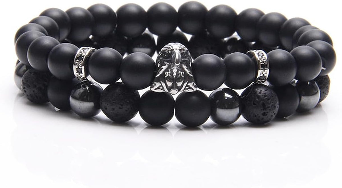 Black Obsidian Bracelet for Men - Black Tourmaline Beaded Bracelets - Mens Bracelet Set 8MM Black Onyx Hematite Lava Stone Beads Triple Protection Bracelet for Men Women Gifts