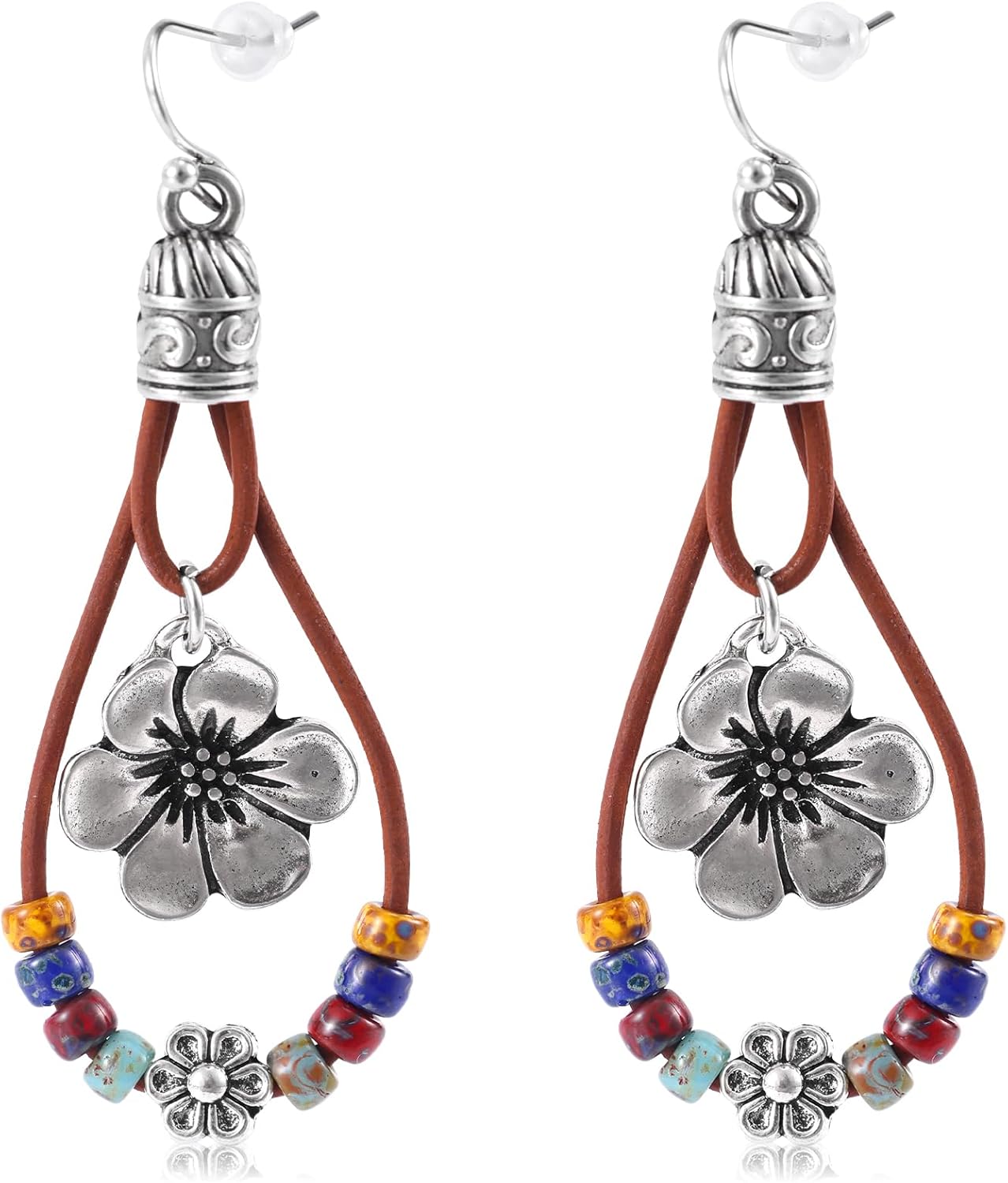 Western Leather Flower Dangle Earrings with Natural Stones
