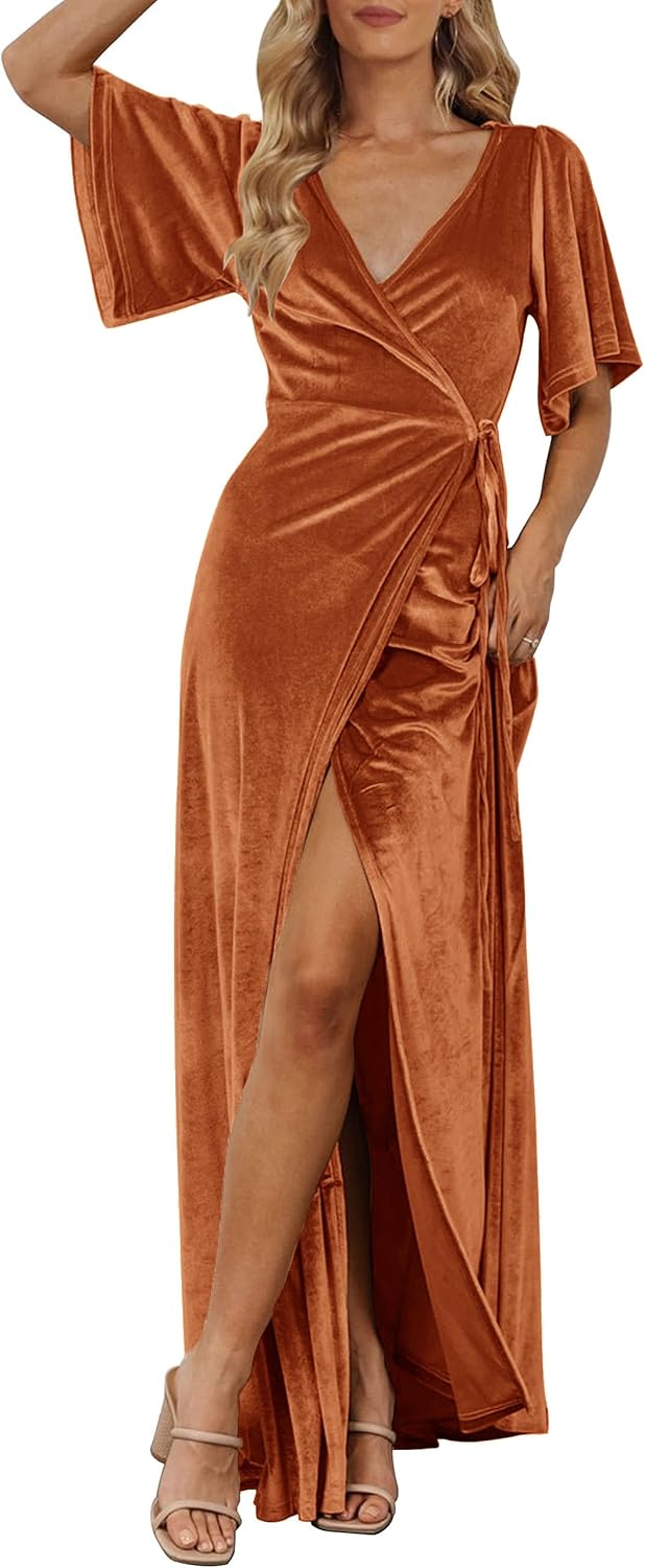 MEROKEETY Women's Wrap V Neck Wedding Guest Cocktail Velvet Maxi Dress