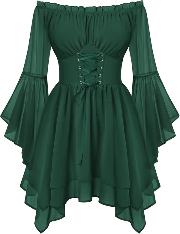 Scarlet Darkness Renaissance Costume Women Chiffon Corset Pirate Mini Dress