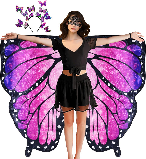 D.Q.Z Double Sided Women Butterfly Wings Costumes for Adults Fairy Music-Festivals with Headband Halloween Cosplay Party