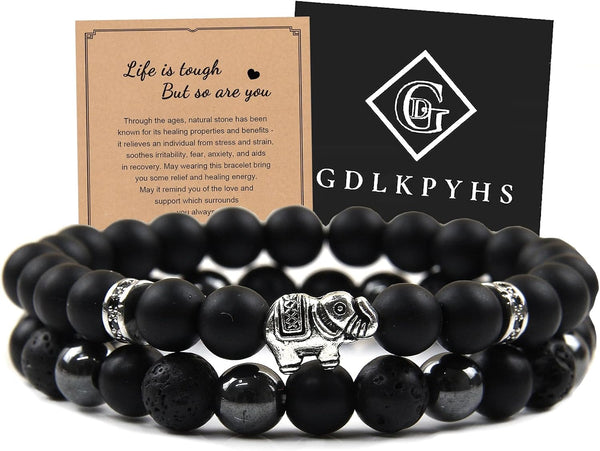 Black Obsidian Bracelet for Men - Black Tourmaline Beaded Bracelets - Mens Bracelet Set 8MM Black Onyx Hematite Lava Stone Beads Triple Protection Bracelet for Men Women Gifts