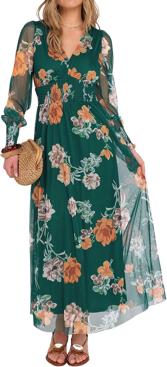 ANRABESS Women's Fall Wedding Guest Tulle Floral Long Sleeve Maxi Dress