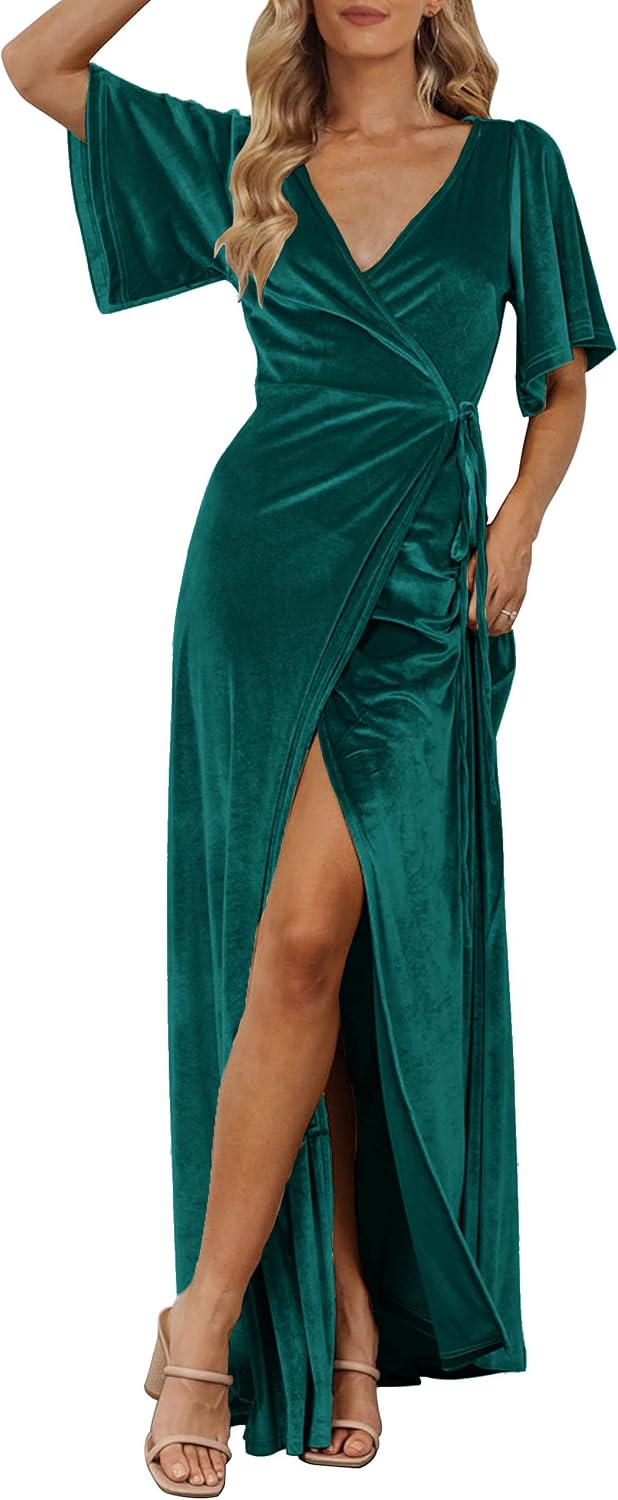 MEROKEETY Women's Wrap V Neck Wedding Guest Cocktail Velvet Maxi Dress