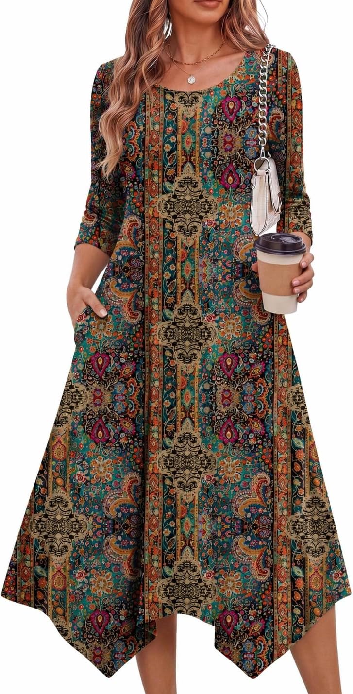 Zeagoo Midi Dresses Women 2026 Dress 3/4 Sleeve A Line Casual Dresses with Pockets