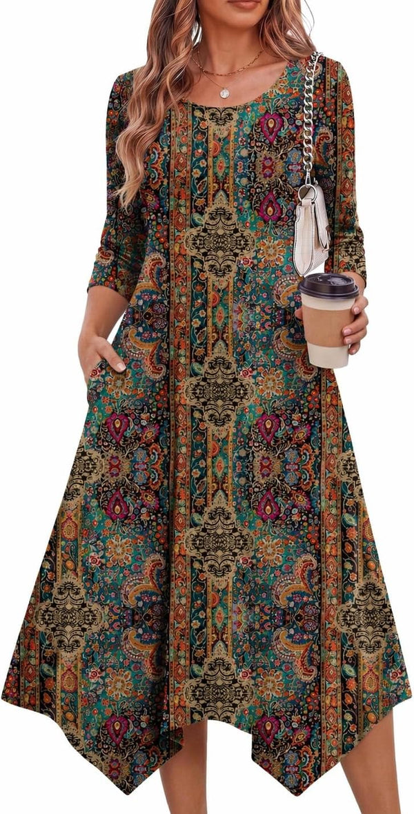 Zeagoo Midi Dresses Women 2026 Dress 3/4 Sleeve A Line Casual Dresses with Pockets