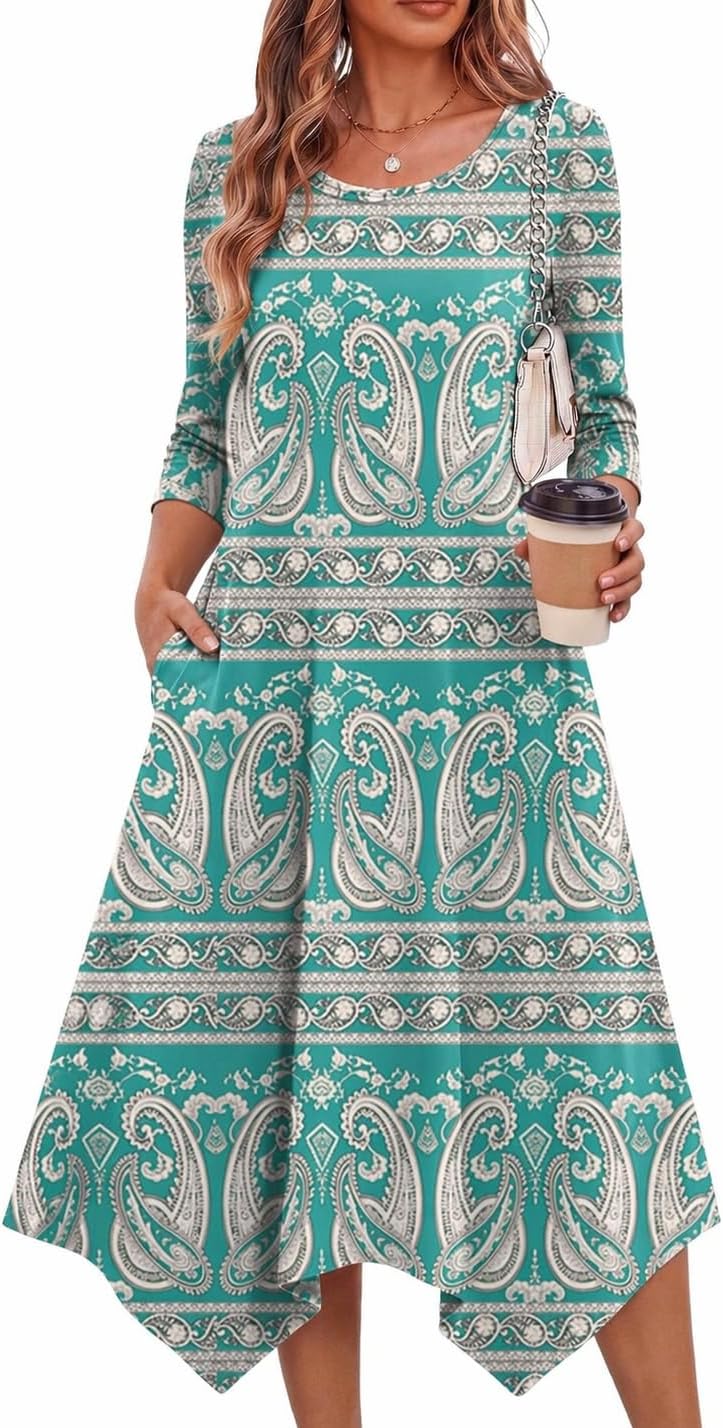 Zeagoo Midi Dresses Women 2026 Dress 3/4 Sleeve A Line Casual Dresses with Pockets