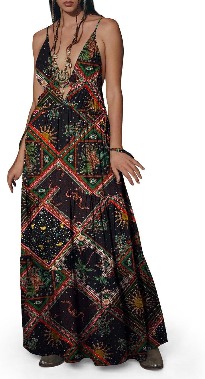 Womens Summer Sun Dresses Mystical Gothic Maxi Dress Casual Floral Witch Dress Date Dress Halloween Outfits