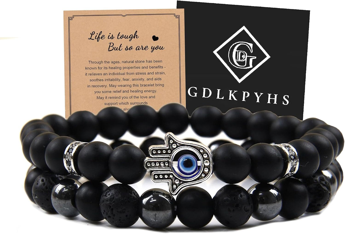 Black Obsidian Bracelet for Men - Black Tourmaline Beaded Bracelets - Mens Bracelet Set 8MM Black Onyx Hematite Lava Stone Beads Triple Protection Bracelet for Men Women Gifts