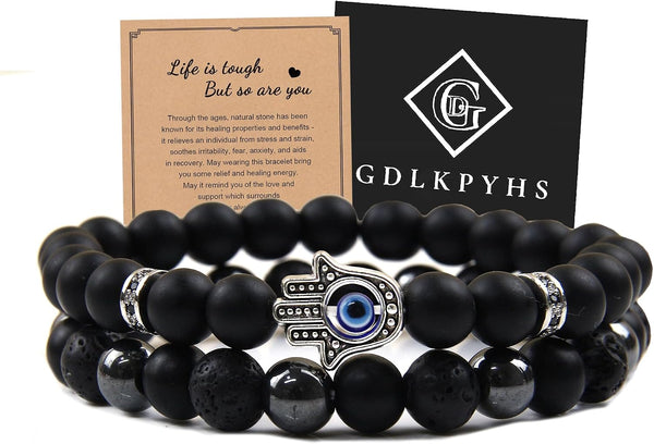 Black Obsidian Bracelet for Men - Black Tourmaline Beaded Bracelets - Mens Bracelet Set 8MM Black Onyx Hematite Lava Stone Beads Triple Protection Bracelet for Men Women Gifts