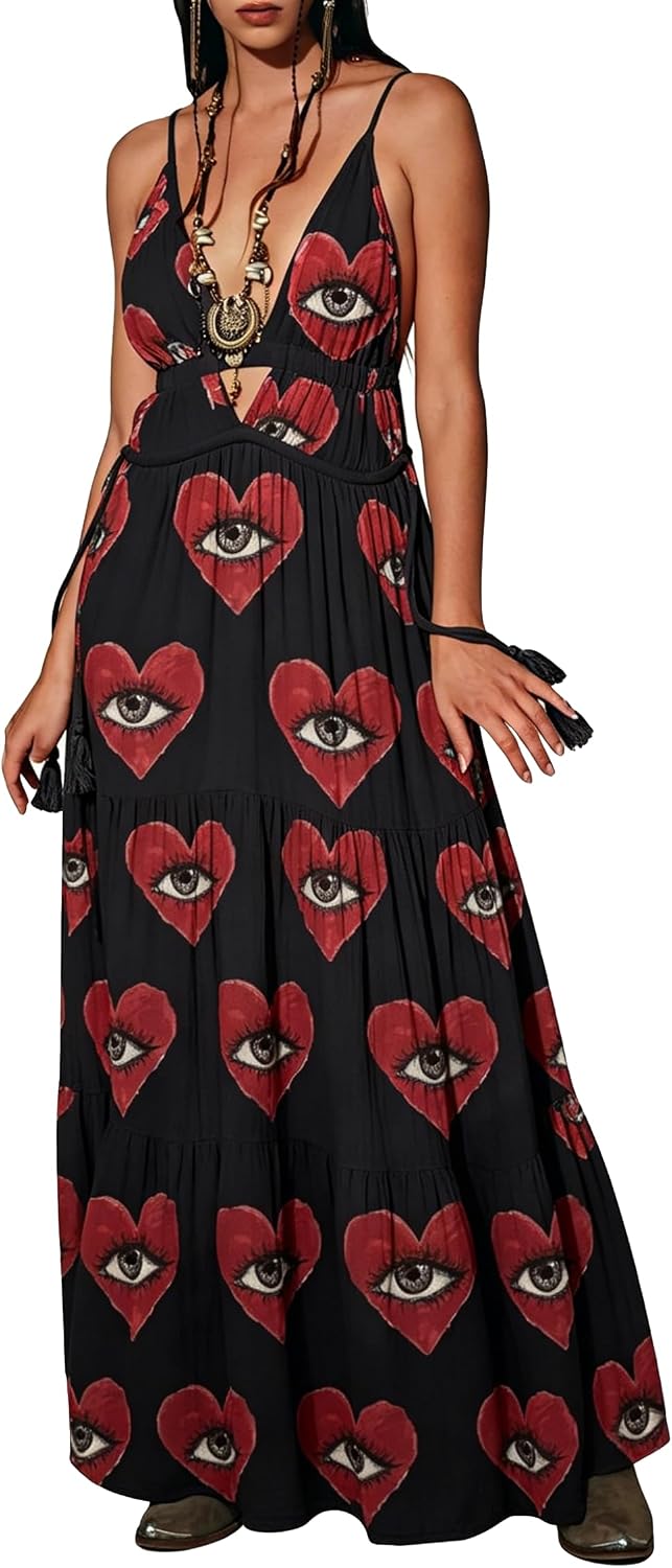 Womens Summer Sun Dresses Mystical Gothic Maxi Dress Casual Floral Witch Dress Date Dress Halloween Outfits
