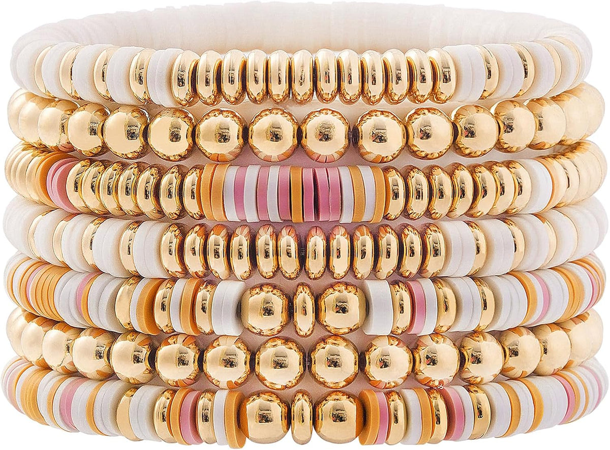 Surfer Heishi Clay Bead Bracelets for Women Bohemian Stackable Gold Plated Beaded Stretch Bracelets Elastic Layering Friendship Bracelets Set Boho Jewelry