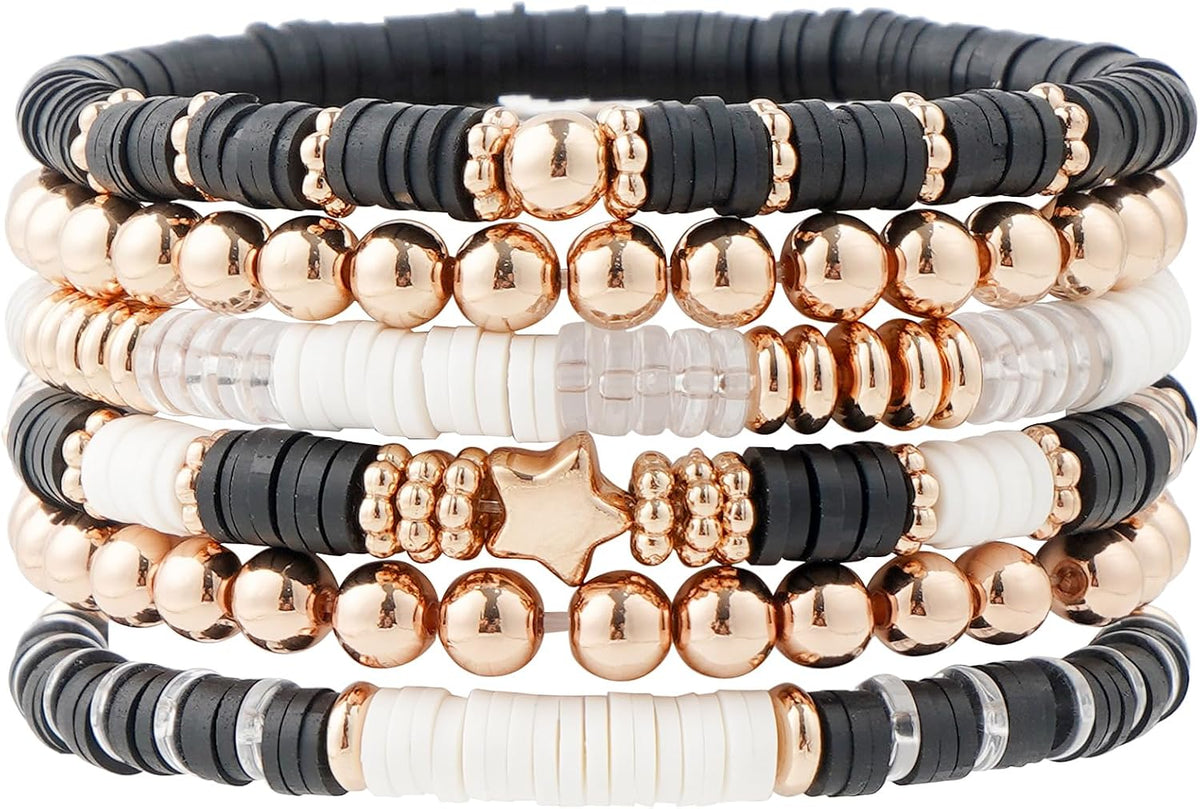 Surfer Heishi Clay Bead Bracelets for Women Bohemian Stackable Gold Plated Beaded Stretch Bracelets Elastic Layering Friendship Bracelets Set Boho Jewelry