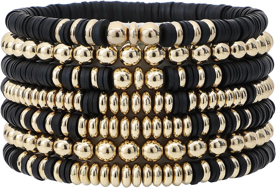 Surfer Heishi Clay Bead Bracelets for Women Bohemian Stackable Gold Plated Beaded Stretch Bracelets Elastic Layering Friendship Bracelets Set Boho Jewelry