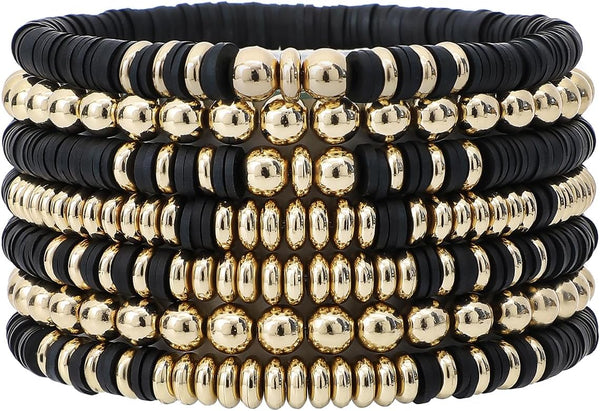 Surfer Heishi Clay Bead Bracelets for Women Bohemian Stackable Gold Plated Beaded Stretch Bracelets Elastic Layering Friendship Bracelets Set Boho Jewelry