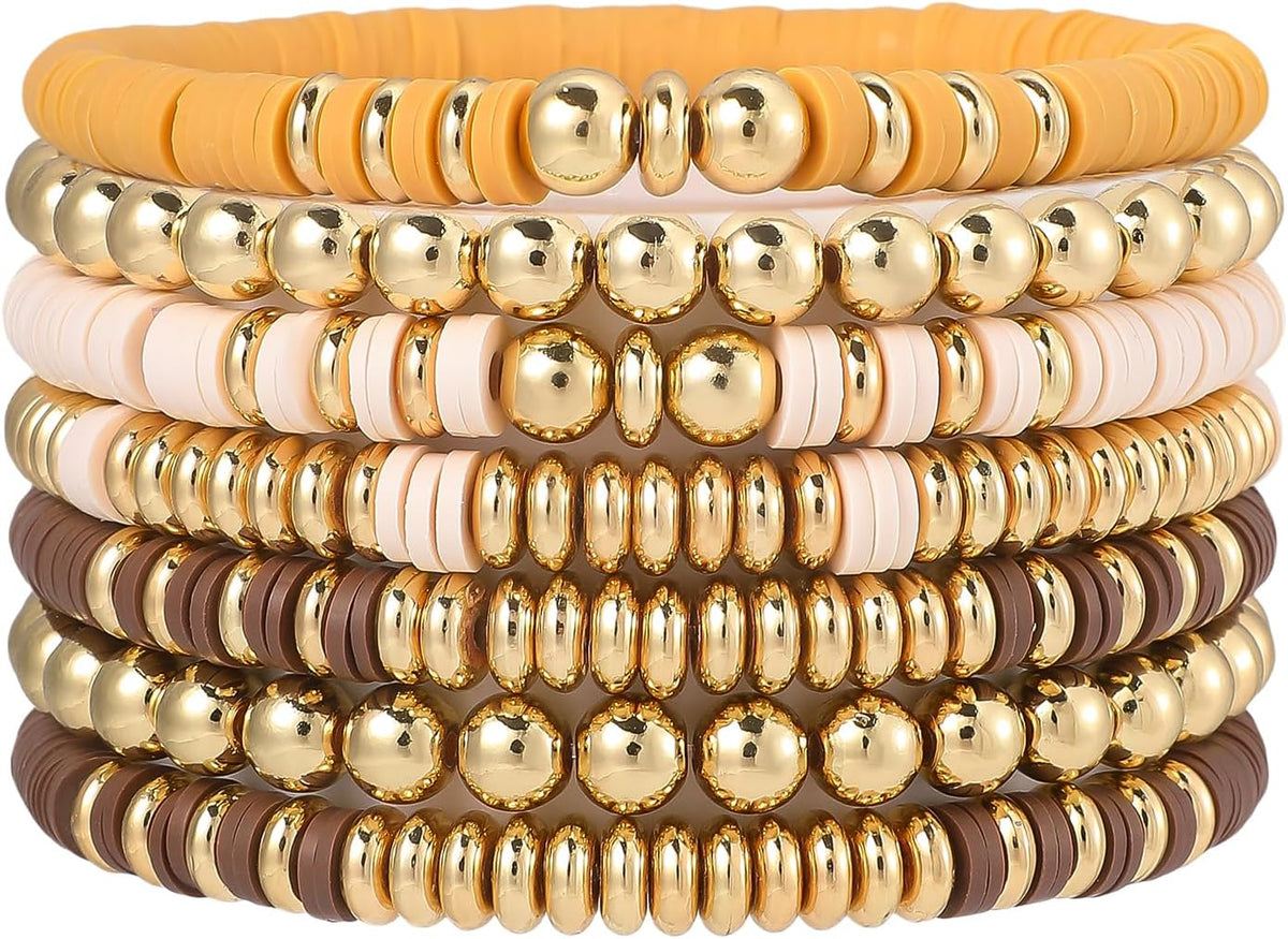 Surfer Heishi Clay Bead Bracelets for Women Bohemian Stackable Gold Plated Beaded Stretch Bracelets Elastic Layering Friendship Bracelets Set Boho Jewelry