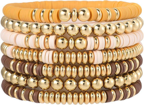Surfer Heishi Clay Bead Bracelets for Women Bohemian Stackable Gold Plated Beaded Stretch Bracelets Elastic Layering Friendship Bracelets Set Boho Jewelry