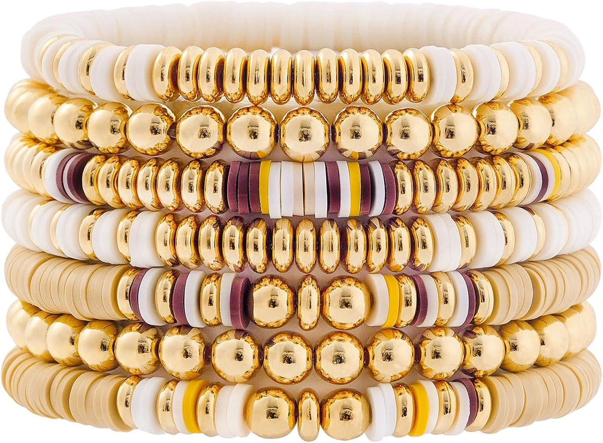 Surfer Heishi Clay Bead Bracelets for Women Bohemian Stackable Gold Plated Beaded Stretch Bracelets Elastic Layering Friendship Bracelets Set Boho Jewelry