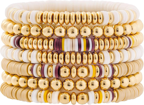 Surfer Heishi Clay Bead Bracelets for Women Bohemian Stackable Gold Plated Beaded Stretch Bracelets Elastic Layering Friendship Bracelets Set Boho Jewelry