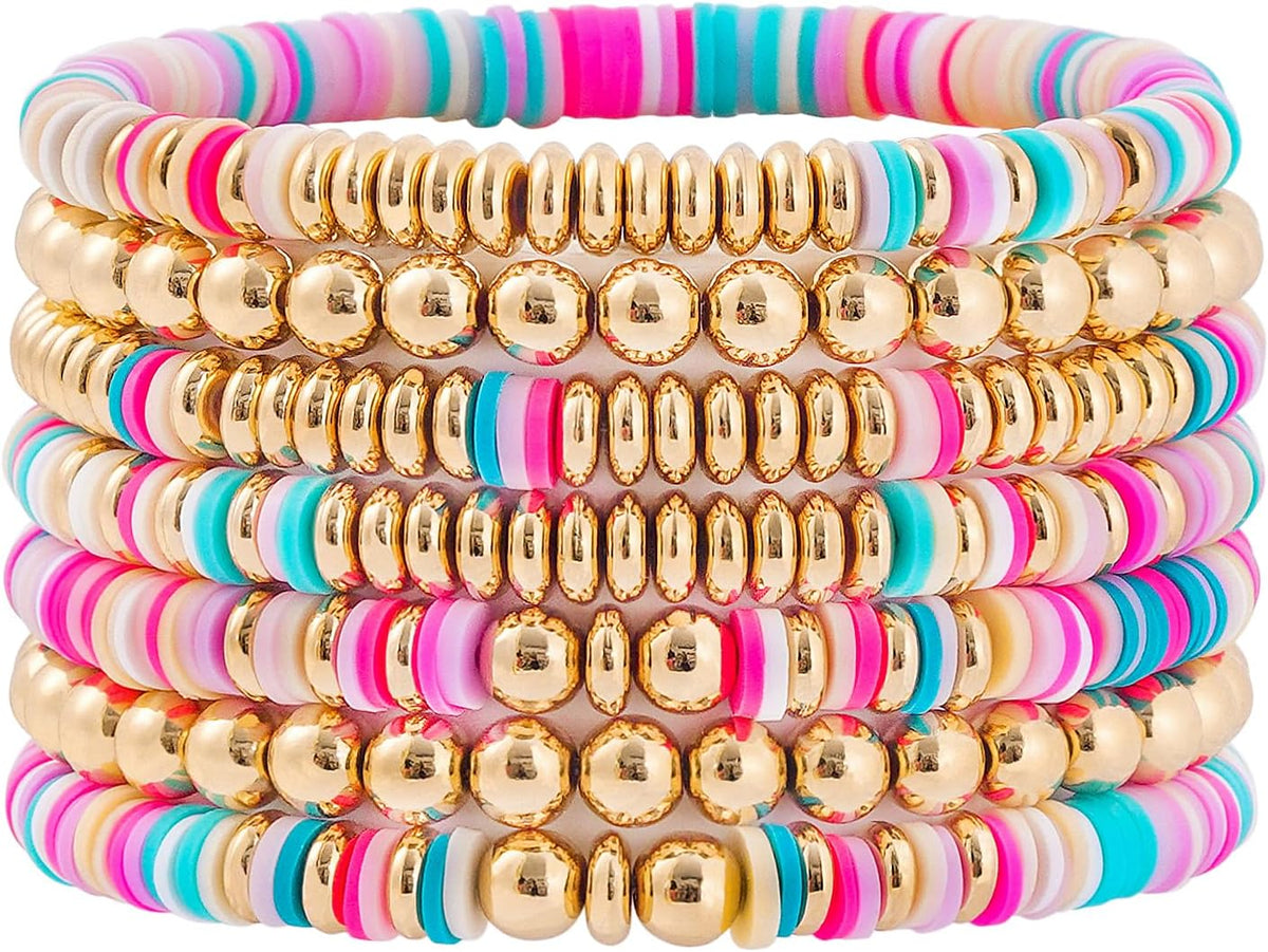 Surfer Heishi Clay Bead Bracelets for Women Bohemian Stackable Gold Plated Beaded Stretch Bracelets Elastic Layering Friendship Bracelets Set Boho Jewelry