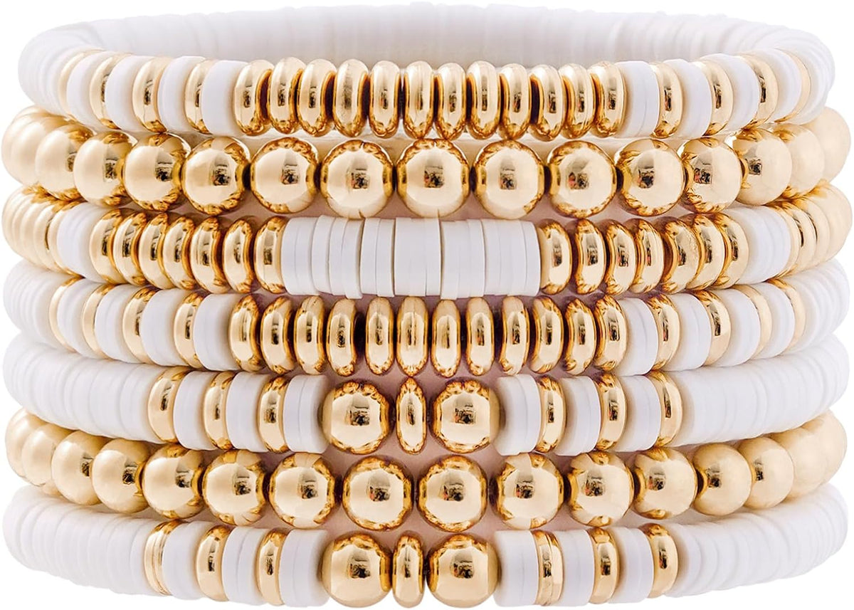 Surfer Heishi Clay Bead Bracelets for Women Bohemian Stackable Gold Plated Beaded Stretch Bracelets Elastic Layering Friendship Bracelets Set Boho Jewelry