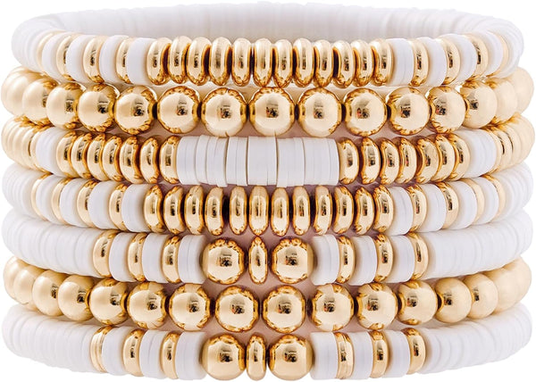 Surfer Heishi Clay Bead Bracelets for Women Bohemian Stackable Gold Plated Beaded Stretch Bracelets Elastic Layering Friendship Bracelets Set Boho Jewelry