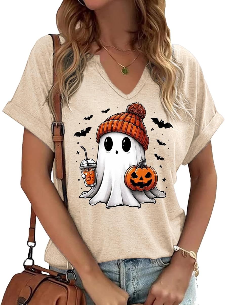 Earlymemb Women Fall Halloween Doodles V Neck Shirt Thanksgiving Casual Tee