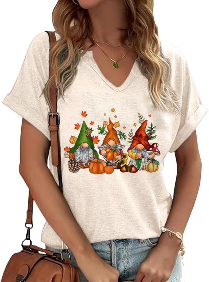 Earlymemb Women Fall Halloween Doodles V Neck Shirt Thanksgiving Casual Tee