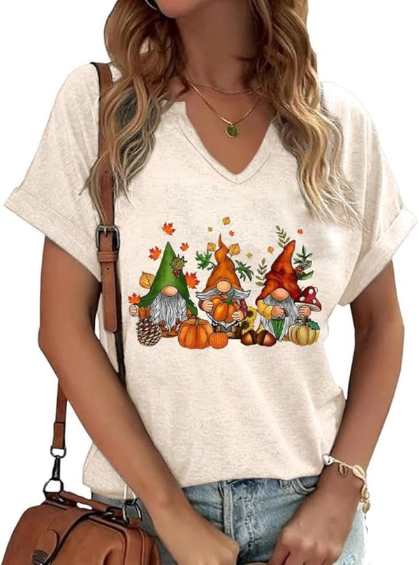 Earlymemb Women Fall Halloween Doodles V Neck Shirt Thanksgiving Casual Tee