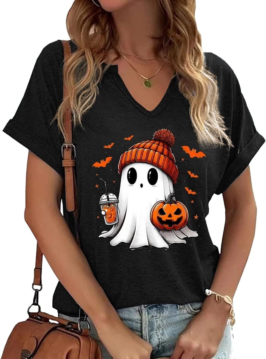 Earlymemb Women Fall Halloween Doodles V Neck Shirt Thanksgiving Casual Tee